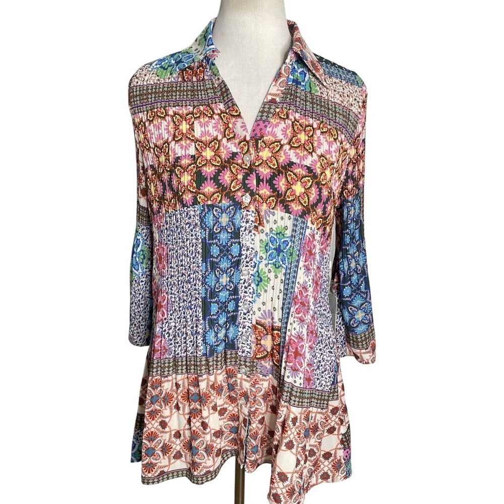 NWT Sunny Leigh Patchwork Pleated Tunic Blouse Top Bell Sleeves 1X Boho Fairy